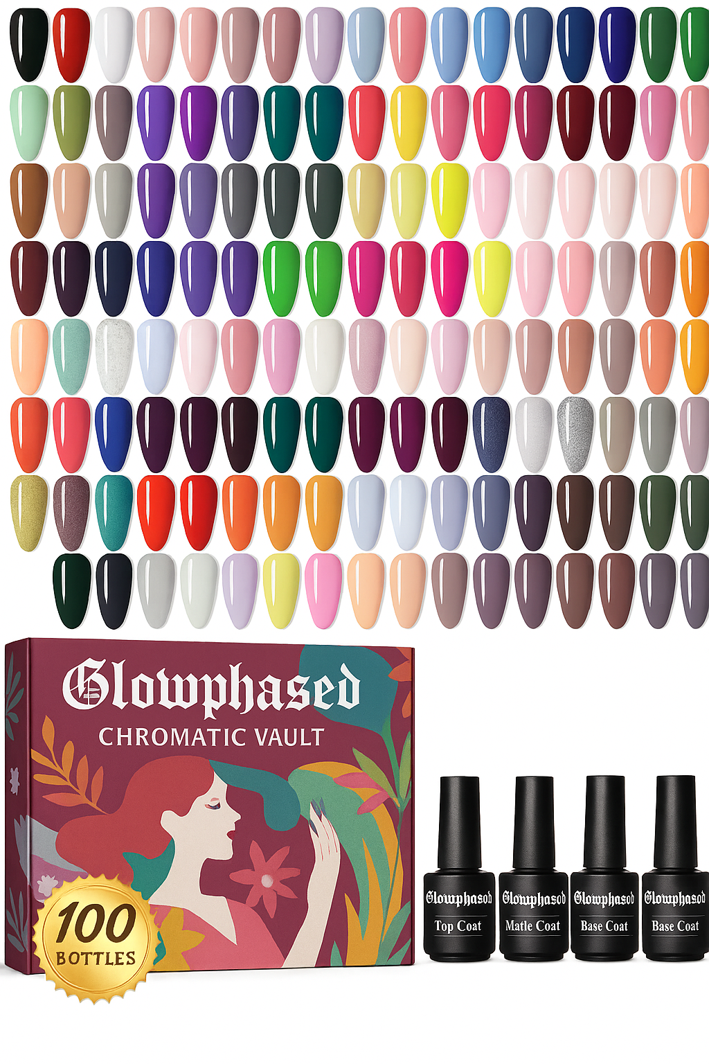 GlowPhased Vault: 100 Cinematic Gel Shades for AfterDark Expression + Base, Matte, Glossy Top Coats Longwear Nail Art Kit for Manicure Lovers, High-Gloss & Matte Finish, UV/LED Reactive Formula