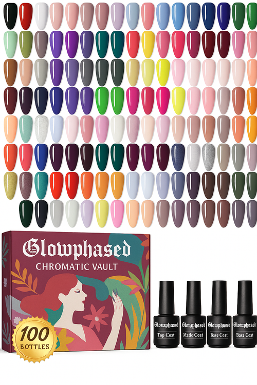 GlowPhased Vault: 100 Cinematic Gel Shades for AfterDark Expression + Base, Matte, Glossy Top Coats  Longwear Nail Art Kit for Manicure Lovers, High-Gloss & Matte Finish, UV/LED Reactive Formula